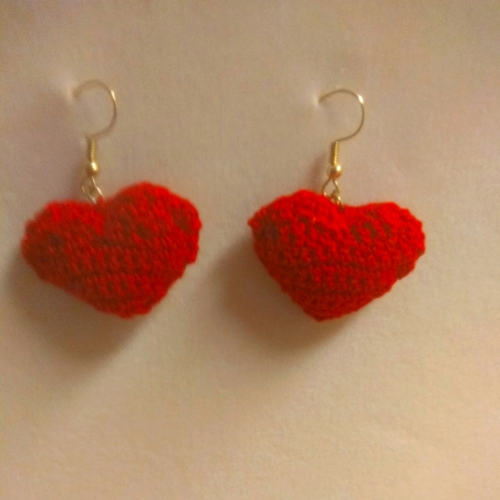 Handmade Crocheted Red Heart Earrings
